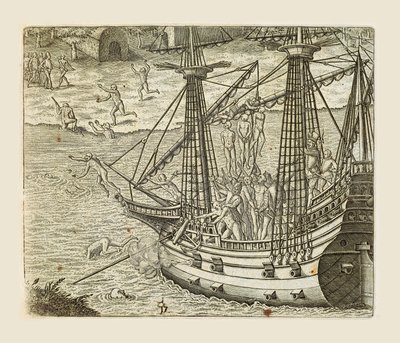 Bartolomeo Diaz věší nějaké indiány na karavelu, rytina Theodora de Bry (1528-1598) z Ameriky od Theodore de Bry