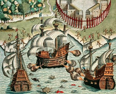 Bitva mezi Francouzi a Portugalci u Buttugaru od Theodore de Bry
