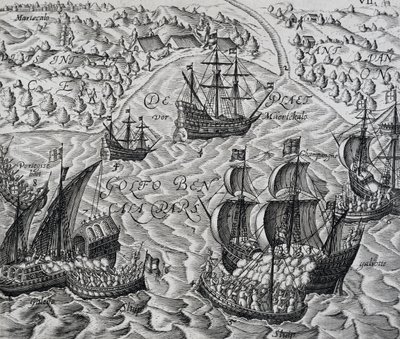 Bitva před městem Matical v Bengálském zálivu, rytina z Indiee Orientalis, Theodor de Bry (1528-1598) od Theodore de Bry