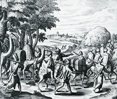 Karavana arabských obchodníků cestující z Aleppa do Basry, rytina z Grands and Petits Voyages, Theodor de Bry (1528-1598), Střední východ od Theodore de Bry