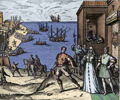 Kryštof Kolumbus a bratři Pinzonové opouštějí 3. 8. 1492 přístav Palos ve Španělsku do Nového světa. Vpravo Král a královna Portugalska Katolický katolík Ferdinand II. Aragonský a Isabella Iere Kastilská. Rytina Theodora de Bry v „“ Admirante od Theodore de Bry