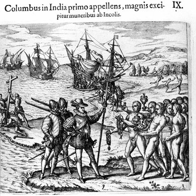 Christopher Columbus přijíždí do Západní Indie. Rytina Theodora de Bry v „“ Admirante Narratio - Americae““ od Theodore de Bry