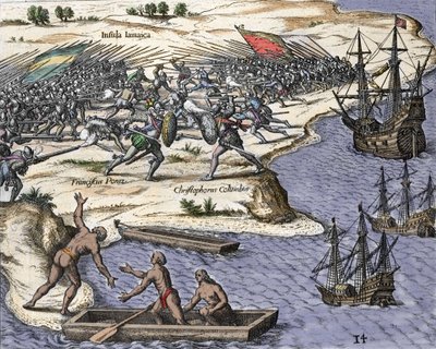 Čtvrtá cesta Kryštofa Kolumba na Jamajku v letech 1502-1504: bitva proti Franciscu Porazovi. Rytina z „Historia Americae sive Novi Orbis“ od Theodora de Bry (1527-1598), Amsterdam 1594. od Theodore de Bry