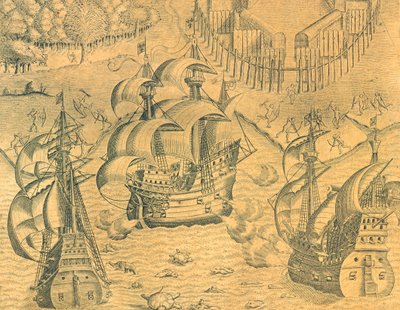 Střet mezi francouzskými a portugalskými loděmi v Atlantském oceánu o vlastnictví Brazílie, ilustrace z americké historie Theodore de Bry od Theodore de Bry