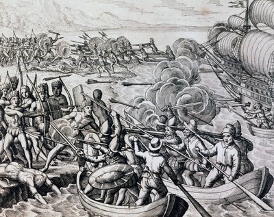 Střet mezi domorodými Indiány a španělskými jednotkami, rytina z Historia Americae, Theodor de Bry (1528-1598), Frankfurt od Theodore de Bry
