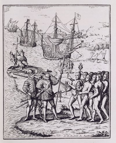 Columbus at Hispaniola, z „Narrative and Critical History of America“, editoval Justin Winsor, Londýn, 1886 od Theodore de Bry
