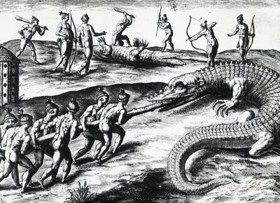 Lov krokodýla na Floridě, z malby Jacques le Moyne de Morgues (asi 1533-před 1588), Theodor de Bry (1528-1598). rytina od Theodore de Bry