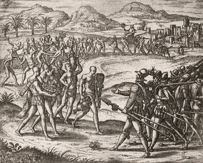 Popis zločinů spáchaných na Indiánech španělskými osadníky - Indiáni přinášející dary a zlato Conquistadorům - Rytina Theodora de Bry v " "Příběhu některých zpustošených španělských Španělů od Theodore de Bry