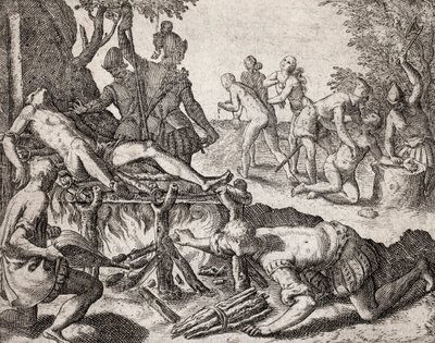 Popis zločinů spáchaných na Indiánech španělskými osadníky - Scéna mučení Indiánů španělskými dobyvateli. Mučení na grilu, amputace rukou – rytina Theodora de Bry v „“ Narratio regionum indicarum podle Hispanos quosdam devastataru od Theodore de Bry
