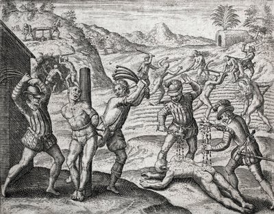 Popis zločinů spáchaných na Indiánech španělskými osadníky - Španělé mučící Indiány - Rytina Theodora de Bry v „Brevisima Relacion de la Destruction de las Indias““ od Bartolome de las Casas (1484-1566) od Theodore de Bry