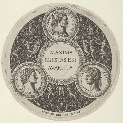 Design pro misku s portréty římských císařů Vitellia, Domitiana a Augusta..., ca. 1588. od Theodore de Bry
