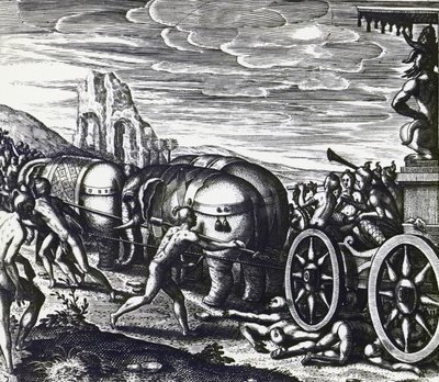 Oddaní jsou rozdrceni vozem během procesí modly, Theodor de Bry (1528-1598), rytina od Theodore de Bry