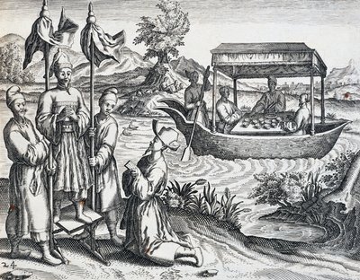 Ulice hodnostářů, z cesty, kterou podnikl Jan Huyghen van Linschoten (1563-1611) v letech 1583 až 1592, rytina z Indie Orientalis od Theodora de Bry (1528-1598), Čína od Theodore de Bry