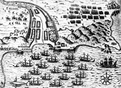 Drake zachytil loď „Svatý Giacomo““ na ostrově Capo Verde v roce 1585 od De Bry od Theodore de Bry