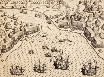 Holanďané přijíždějící na ostrov Madura, Jáva, rytina z díla India Orientalis, Theodor de Bry (1528-1598), Indonésie od Theodore de Bry