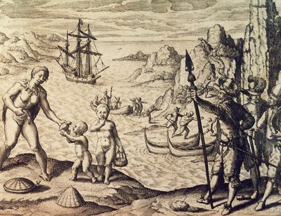 Nizozemský kapitán Sebalt de Weert přistávající na pobřeží Guyany, z Historia americae, Theodor de Bry (1528-1598), Frankfurt od Theodore de Bry
