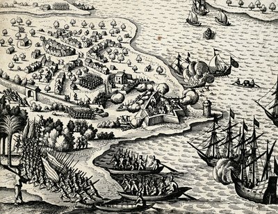 Holandská expedice podél pobřeží Mosambiku, rytina z Indie orientalis od Theodora de Bry (1528-1598) od Theodore de Bry
