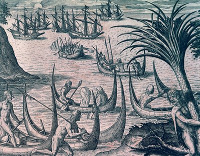Holandské lodě v Magellanově průlivu, rytina z americké historie od Theodora de Bry (1528-1598), Frankfurt od Theodore de Bry