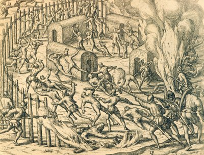 Evropští dobyvatelé útočí na indiánskou vesnici, ilustrace z americké historie od Theodora de Bry od Theodore de Bry