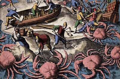 Evropští navigátoři bojující s velkým krabem. Rytina z „Petities voyages aux Indes Orientales“ od Theodora de Bry od Theodore de Bry
