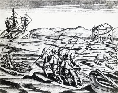 Expedice vedená Williamem Barentsem (asi 1550-1597) při hledání severovýchodní cesty, z Peregrinationes, Theodor de Bry (1528-1598), rytina od Theodore de Bry