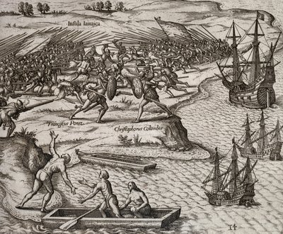 Boj mezi Kryštofem Kolumbem a Francescem Poresiem na Jamajce, rytina Theodora de Bry (1528-1598) od Theodore de Bry