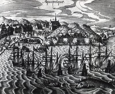 Flotila galeon v přístavu Acapulco, Theodor de Bry (1528-1598), rytina od Theodore de Bry