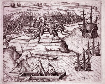 Čtvrtá plavba Kryštofa Kolumba na ostrov Jamajka v roce 1503 (rytina od Theodore de Bry