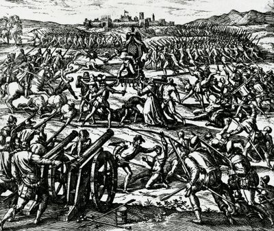 Vojáci Francisca Pizarra (asi 1475-1541) zajali inckého císaře Atahualpu během bitvy u Cajamarca, 16. listopadu od Theodore de Bry