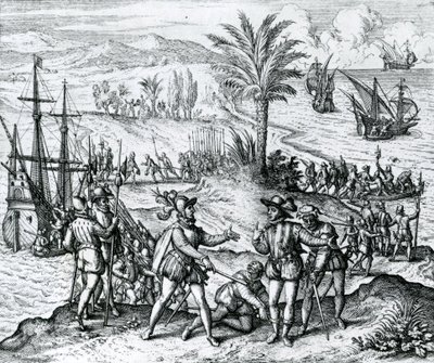Francisco de Bobadilla přijíždí jako guvernér a zatýká Kryštofa Kolumba (1451-1506) v Hispaniole, 1500, 1590 od Theodore de Bry