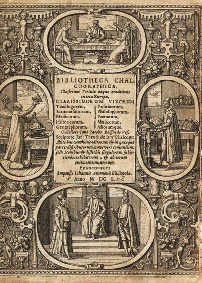 Frontispis s vinětami vědců uvnitř hranic. od Theodore de Bry