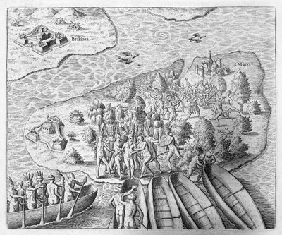 Hans Staden zajat indiány Tupinamba během své plavby do Brazílie v roce 1552 z knihy „Newe Welt und Americanische Historien“ od Johanna Ludwiga Gottfrieda, kterou vydal Mattaeus Merian, Frankfurt, 1631 (angl. od Theodore de Bry