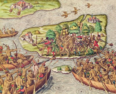 Hans Staden je zajat rodilými Američany v Brazílii od Theodore de Bry