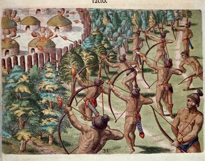 Historie Ameriky: „“ Indiánský kmen útočí v noci na vesnici na Floridě““ Rytina z „“ Admirante Narratio Americae““ od Theodora de Bry (1528-1598) od Theodore de Bry