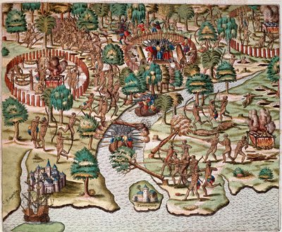 Historie Ameriky: “” Popis metod obléhání a útoku, Indiáni bojující se španělskými armádami”” Recitace o zajetí Hanse Stadena, německého průzkumníka, který odešel se španělskými flotilami do Brazílie, zajat indiány Tupinamba. Rytina z „Ameri od Theodore de Bry