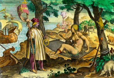 Historie Ameriky: První kontakt italského mořeplavce Ameriga Vespucciho s Indiány Ameriky od Theodore de Bry