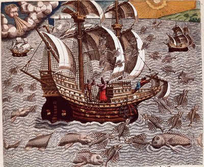 Historie Ameriky: „“Cesta španělských karavel obklopená létajícími rybami““ Výmluva o plavbách Hanse Stadena, německého průzkumníka, který odešel se španělskými flotilami do Brazílie, zajat indiány Tupinamba. Rytina z „Americae tertia pars memorabi od Theodore de Bry