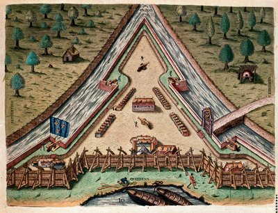 Historie Ameriky: „Život Fort Carolina, Bastion of Carolina“ „Rytina z „Admirante Narratio Americae““ od Theodora de Bry (1528-1598) podle kresby Jacques le Moyne (de Morgues) (1533-1588) od Theodore de Bry