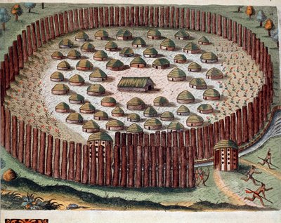 Historie Ameriky: „“ Reprezentace indiánské vesnice opevněné na Floridě““ Rytina z „“ Admirante Narratio Americae““ od Theodora de Bry (1528-1598) od Theodore de Bry