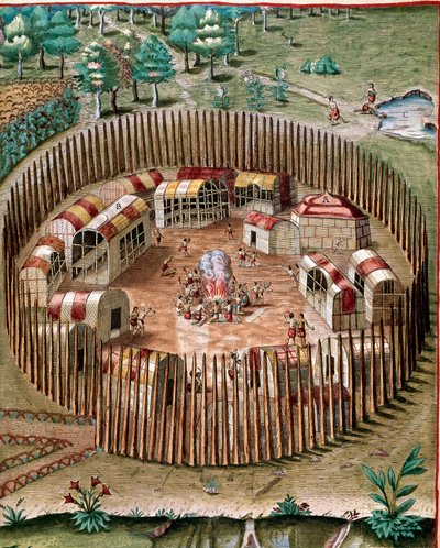 Historie Ameriky: „“ Reprezentace opevněného města Pomeiock nebo Pomeiooc ve Virginii v roce 1585“““ Rytina z „“ Admirante Narratio Americae“““ od Theodora de Bry (1528-1598) od Theodore de Bry