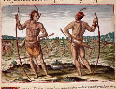 Historie Ameriky: „“ Dva obyvatelé Virginie, indiánské zbraně šípů a luk““ Rytina z „“ Admirante Narratio Americae““ od Theodora de Bry (1528-1598) od Theodore de Bry