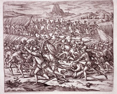 Historie Ameriky: boje mezi armádami Vaca de Castro a Almagro junior po smrti Francisca Pizarra a Diega de Almagro (rytina od Theodore de Bry