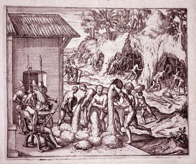 Historie Ameriky: Španělé využívají zlaté doly (rytina od Theodore de Bry