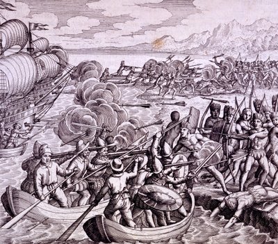 Jak se Španělé vylodili na ostrově Haiti se 400 muži, což vedlo k velké bitvě s domorodci, ilustrace z "Vespucciho cesty do Západní Indie". od Theodore de Bry