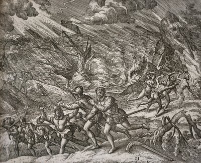 Hurikán potápějící Santa Maria, karavel Kryštofa Kolumba od Theodore de Bry