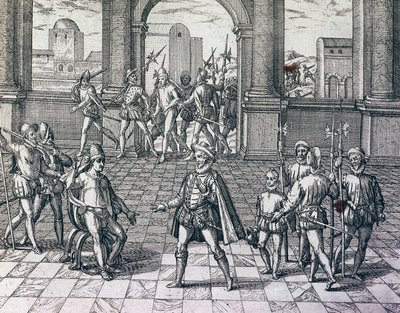 Incký císař Atahualpa byl zajat Španěly v Cajamarca, Peru, rytina z americké historie od Theodora de Bry (1528-1598), Frankfurt od Theodore de Bry