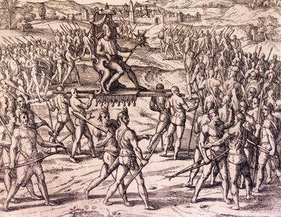 Incký císař Atahualpa poražený španělskými jednotkami Francisca Pizarra (1475-cca 1541), Peru, rytina z americké historie od Theodora de Bry (1528-1598), Frankfurt od Theodore de Bry