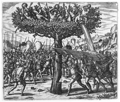 Indiáni ve stromě vrhají projektily na Španěly od Theodore de Bry
