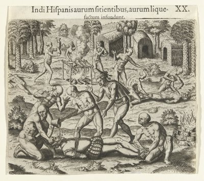 Indiáni nalévají tekuté zlato do úst Španěla, 1594. od Theodore de Bry