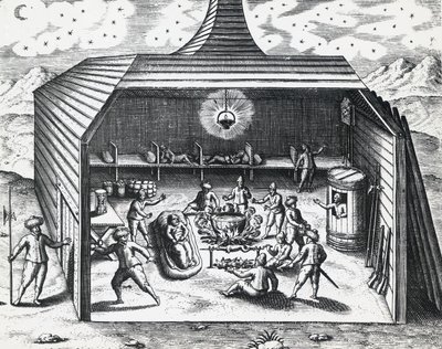 Interiér zimního domova Williama Barentse (asi 1550-1597) v ruském souostroví Novaja Zemlya, od Theodora de Bry (1528-1598), rytina od Theodore de Bry
